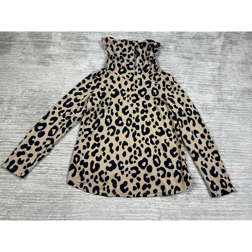 Emily Daniels Top Womens Medium Tan Black Leopard Print Cowl Neck Long Sleeve